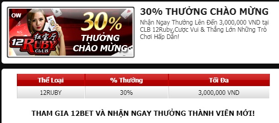 12bet.com thưởng chào mừng 30% tại CLB 12Ruby