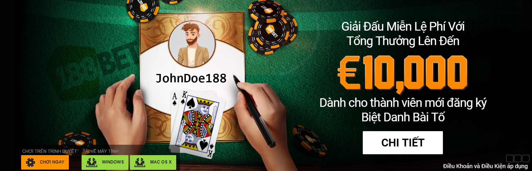 188BET dành tặng 10,000 EUR giải đấu miễn lệ phí cho thành viên mới